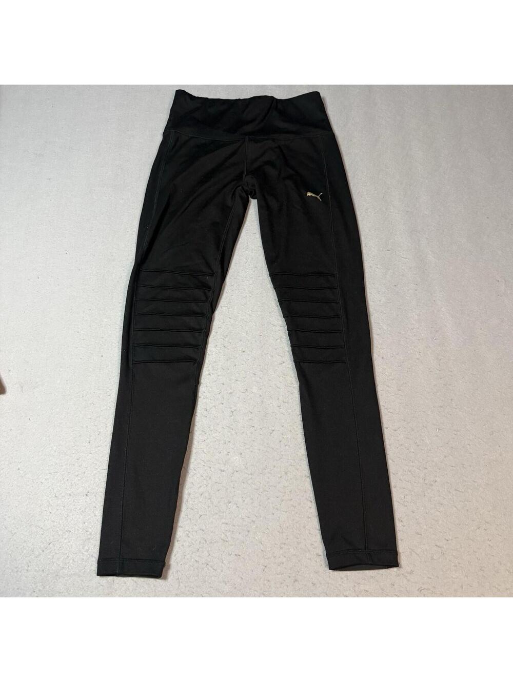 Puma‎ Womens Black Moto Leggings Size Small Gold Logo Stretch Athletic Pants